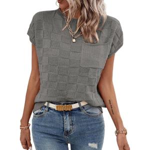 imageSHEWIN Womens Summer Cap Sleeve Tops Casual Crewneck Knit Short Sleeve Sweater Loose Fit Lightweight ShirtsGray