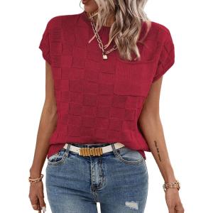 imageSHEWIN Womens Summer Cap Sleeve Tops Casual Crewneck Knit Short Sleeve Sweater Loose Fit Lightweight ShirtsRacing Red