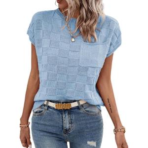 imageSHEWIN Womens Summer Cap Sleeve Tops Casual Crewneck Knit Short Sleeve Sweater Loose Fit Lightweight ShirtsSky Blue