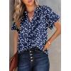 imageSHEWIN Womens Casual V Neck Floral Print Smocked Short Sleeve Chiffon Blouses Bohemian Top ShirtsBlue