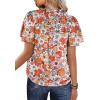 imageSHEWIN Womens Casual V Neck Floral Print Smocked Short Sleeve Chiffon Blouses Bohemian Top ShirtsOrange
