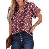 imageSHEWIN Womens Casual V Neck Floral Print Smocked Short Sleeve Chiffon Blouses Bohemian Top ShirtsWine Red