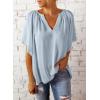 imageSHEWIN Womens Casual V Neck Loose 34 Bell Sleeve Chiffon Blouse Shirt Pleated Flowy Tunic TopsAz Blue