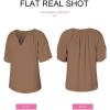 imageSHEWIN Womens Casual V Neck Loose 34 Bell Sleeve Chiffon Blouse Shirt Pleated Flowy Tunic TopsAz Brown