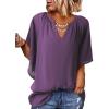 imageSHEWIN Womens Casual V Neck Loose 34 Bell Sleeve Chiffon Blouse Shirt Pleated Flowy Tunic TopsAz Purple