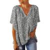 imageSHEWIN Womens Casual V Neck Loose 34 Bell Sleeve Chiffon Blouse Shirt Pleated Flowy Tunic TopsC Floral Grey