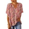 imageSHEWIN Womens Casual V Neck Loose 34 Bell Sleeve Chiffon Blouse Shirt Pleated Flowy Tunic TopsC Floral Red