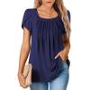 imageSHEWIN Womens Petal Short Sleeve Tunic Tops Pleated Square Neck Blouses Dressy Casual Loose ShirtsB Blue