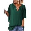 imageSHEWIN Womens Casual V Neck Loose 34 Bell Sleeve Chiffon Blouse Shirt Pleated Flowy Tunic TopsA Green