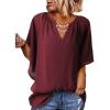 imageSHEWIN Womens Casual V Neck Loose 34 Bell Sleeve Chiffon Blouse Shirt Pleated Flowy Tunic TopsA Red