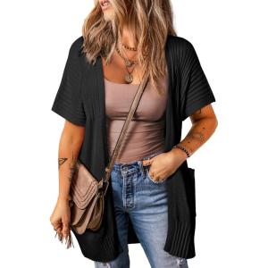 imageSHEWIN Cardigan Sweaters for Women Lightweight Open Front Pleated Summer Short Sleeve Cardigans SweaterB Black