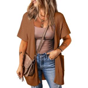 imageSHEWIN Cardigan Sweaters for Women Lightweight Open Front Pleated Summer Short Sleeve Cardigans SweaterB Chestnut