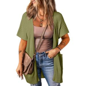 imageSHEWIN Cardigan Sweaters for Women Lightweight Open Front Pleated Summer Short Sleeve Cardigans SweaterB Guacamole Green