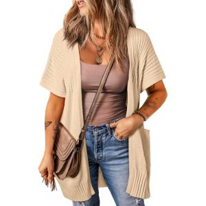 imageSHEWIN Cardigan Sweaters for Women Lightweight Open Front Pleated Summer Short Sleeve Cardigans SweaterB Oatmeal