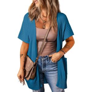 imageSHEWIN Cardigan Sweaters for Women Lightweight Open Front Pleated Summer Short Sleeve Cardigans SweaterB Sail Blue