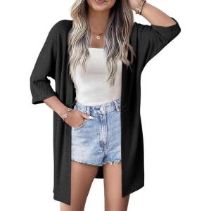 imageSHEWIN Womens Cardigans Casual 34 Short Sleeve Open Front Waffle Knit Lightweight Kimonos Cardigan Sweaters for WomenB Black
