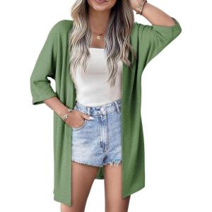 imageSHEWIN Womens Cardigans Casual 34 Short Sleeve Open Front Waffle Knit Lightweight Kimonos Cardigan Sweaters for WomenB Grass Green