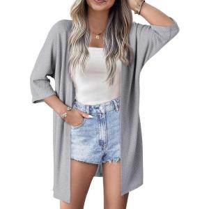 imageSHEWIN Womens Cardigans Casual 34 Short Sleeve Open Front Waffle Knit Lightweight Kimonos Cardigan Sweaters for WomenB Medium Grey