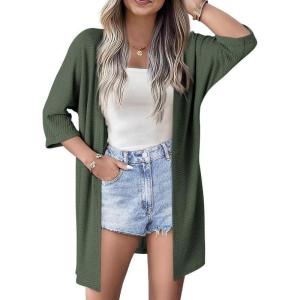 imageSHEWIN Womens Cardigans Casual 34 Short Sleeve Open Front Waffle Knit Lightweight Kimonos Cardigan Sweaters for WomenB Mist Green
