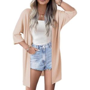 imageSHEWIN Womens Cardigans Casual 34 Short Sleeve Open Front Waffle Knit Lightweight Kimonos Cardigan Sweaters for WomenB Oatmeal