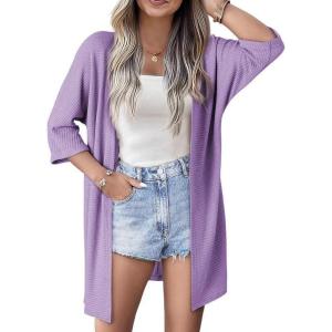 imageSHEWIN Womens Cardigans Casual 34 Short Sleeve Open Front Waffle Knit Lightweight Kimonos Cardigan Sweaters for WomenB Orchid Petal