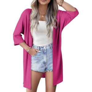 imageSHEWIN Womens Cardigans Casual 34 Short Sleeve Open Front Waffle Knit Lightweight Kimonos Cardigan Sweaters for WomenB Rose Red