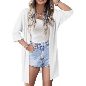 imageSHEWIN Womens Cardigans Casual 34 Short Sleeve Open Front Waffle Knit Lightweight Kimonos Cardigan Sweaters for WomenB White