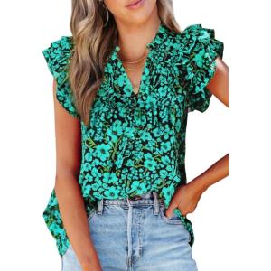 imageSHEWIN Womens Casual Boho Floral V Neck Ruffle Short Sleeve Loose Blouses TopsBlue