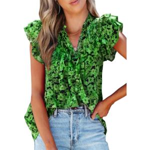 imageSHEWIN Womens Casual Boho Floral V Neck Ruffle Short Sleeve Loose Blouses TopsGreen