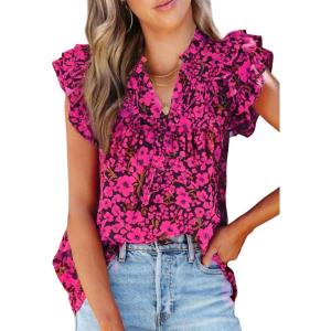 imageSHEWIN Womens Casual Boho Floral V Neck Ruffle Short Sleeve Loose Blouses TopsHot Pink