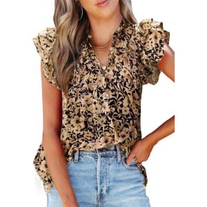 imageSHEWIN Womens Casual Boho Floral V Neck Ruffle Short Sleeve Loose Blouses TopsKhaki