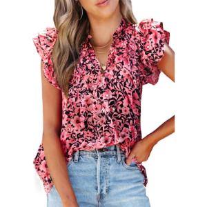 imageSHEWIN Womens Casual Boho Floral V Neck Ruffle Short Sleeve Loose Blouses TopsPink