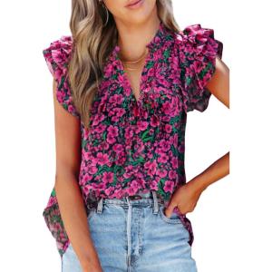 imageSHEWIN Womens Casual Boho Floral V Neck Ruffle Short Sleeve Loose Blouses TopsPurple
