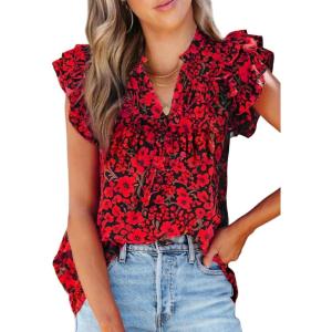 imageSHEWIN Womens Casual Boho Floral V Neck Ruffle Short Sleeve Loose Blouses TopsRed