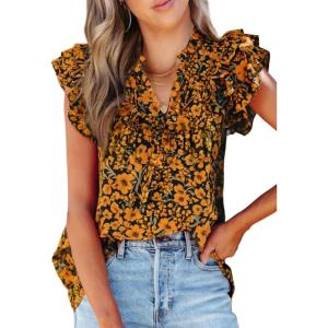 imageSHEWIN Womens Casual Boho Floral V Neck Ruffle Short Sleeve Loose Blouses TopsYellow