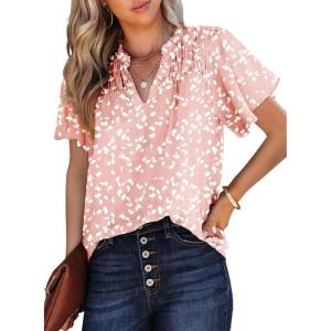 imageSHEWIN Womens Casual V Neck Floral Print Smocked Short Sleeve Chiffon Blouses Bohemian Top ShirtsB Pink