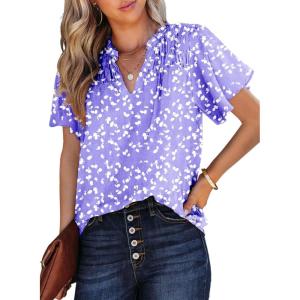 imageSHEWIN Womens Casual V Neck Floral Print Smocked Short Sleeve Chiffon Blouses Bohemian Top ShirtsB Purple