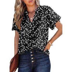 imageSHEWIN Womens Casual V Neck Floral Print Smocked Short Sleeve Chiffon Blouses Bohemian Top ShirtsBlack