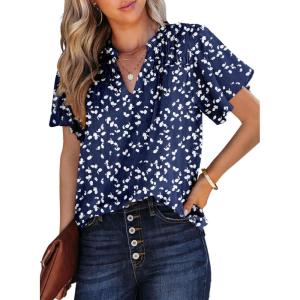 imageSHEWIN Womens Casual V Neck Floral Print Smocked Short Sleeve Chiffon Blouses Bohemian Top ShirtsBlue