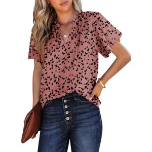 imageSHEWIN Womens Casual V Neck Floral Print Smocked Short Sleeve Chiffon Blouses Bohemian Top ShirtsDark Pink