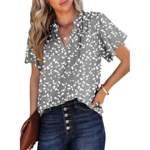imageSHEWIN Womens Casual V Neck Floral Print Smocked Short Sleeve Chiffon Blouses Bohemian Top ShirtsGray