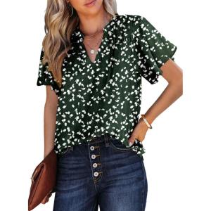 imageSHEWIN Womens Casual V Neck Floral Print Smocked Short Sleeve Chiffon Blouses Bohemian Top ShirtsGreen