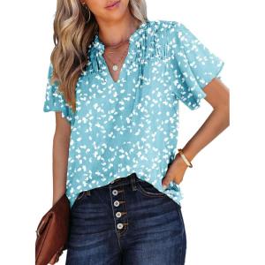 imageSHEWIN Womens Casual V Neck Floral Print Smocked Short Sleeve Chiffon Blouses Bohemian Top ShirtsLight Blue