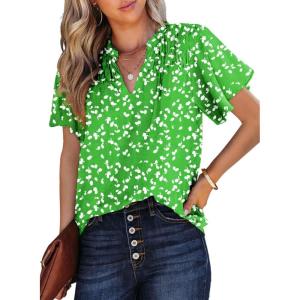 imageSHEWIN Womens Casual V Neck Floral Print Smocked Short Sleeve Chiffon Blouses Bohemian Top ShirtsLight Green