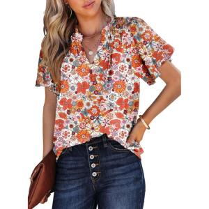 imageSHEWIN Womens Casual V Neck Floral Print Smocked Short Sleeve Chiffon Blouses Bohemian Top ShirtsOrange