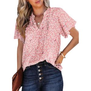 imageSHEWIN Womens Casual V Neck Floral Print Smocked Short Sleeve Chiffon Blouses Bohemian Top ShirtsPink
