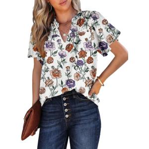 imageSHEWIN Womens Casual V Neck Floral Print Smocked Short Sleeve Chiffon Blouses Bohemian Top ShirtsPurple