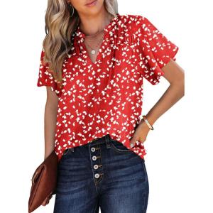 imageSHEWIN Womens Casual V Neck Floral Print Smocked Short Sleeve Chiffon Blouses Bohemian Top ShirtsRed
