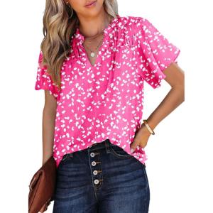 imageSHEWIN Womens Casual V Neck Floral Print Smocked Short Sleeve Chiffon Blouses Bohemian Top ShirtsRose