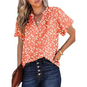 imageSHEWIN Womens Casual V Neck Floral Print Smocked Short Sleeve Chiffon Blouses Bohemian Top ShirtsSolid Orange